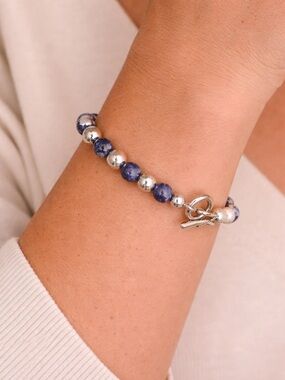 Blue Sodalite Beaded Bracelet Silver Tone Accent Stretch Bracelet Natural Stone